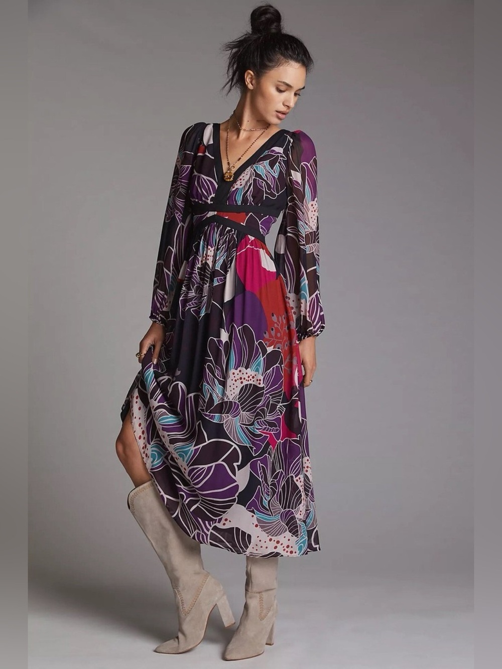 NWT Anthropologie Let me be floral Long Sleeve Maxi Dress in Black and Purple M